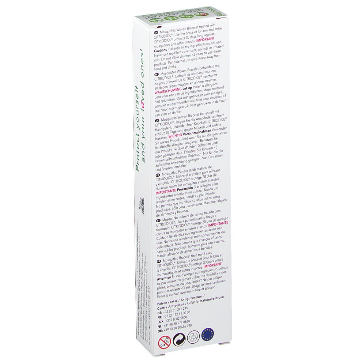 Emballage étroit avec texte. Texte: mosquitno, bracelet anti-insectes. Avertissements, mode d'emploi, ingrédients. Certification UE.