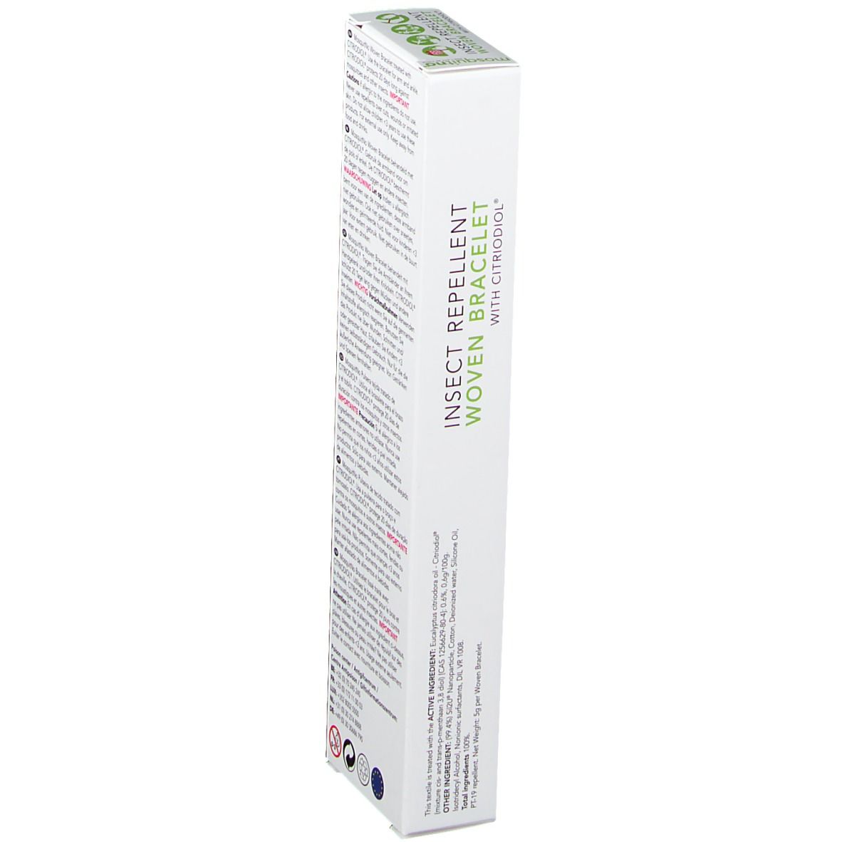 Emballage étroit avec texte. Texte: Bracelet anti-insectes avec Citrodiol. Ingrédients, informations fabricant, avertissements.