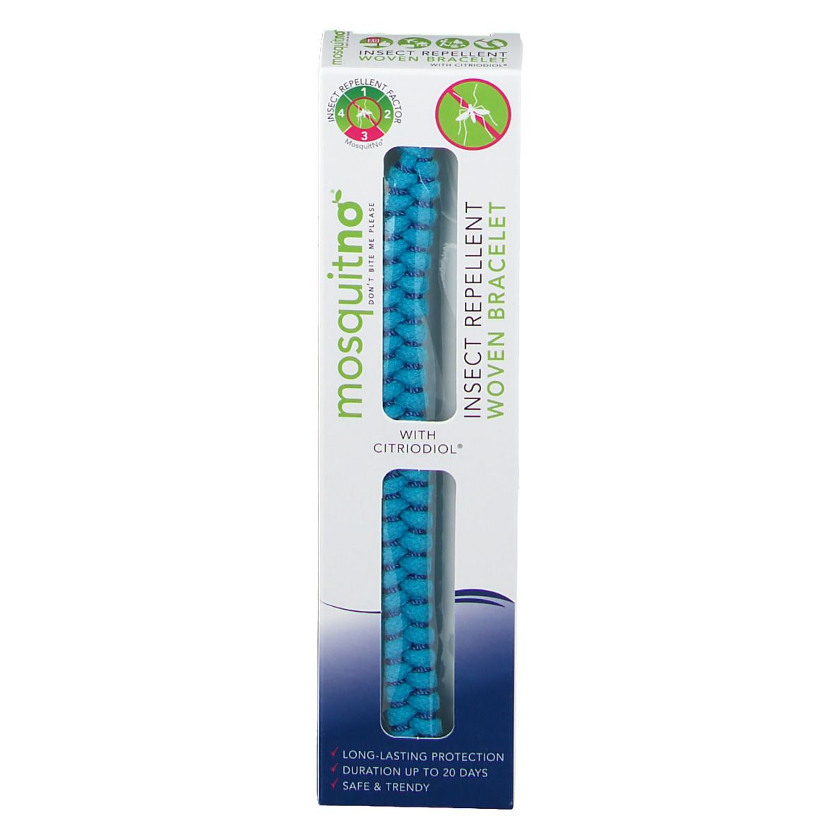 Emballage avec bracelet tressé bleu. Texte: mosquitno, bracelet anti-insectes avec Citrodiol. Protection jusqu'à 20 jours.