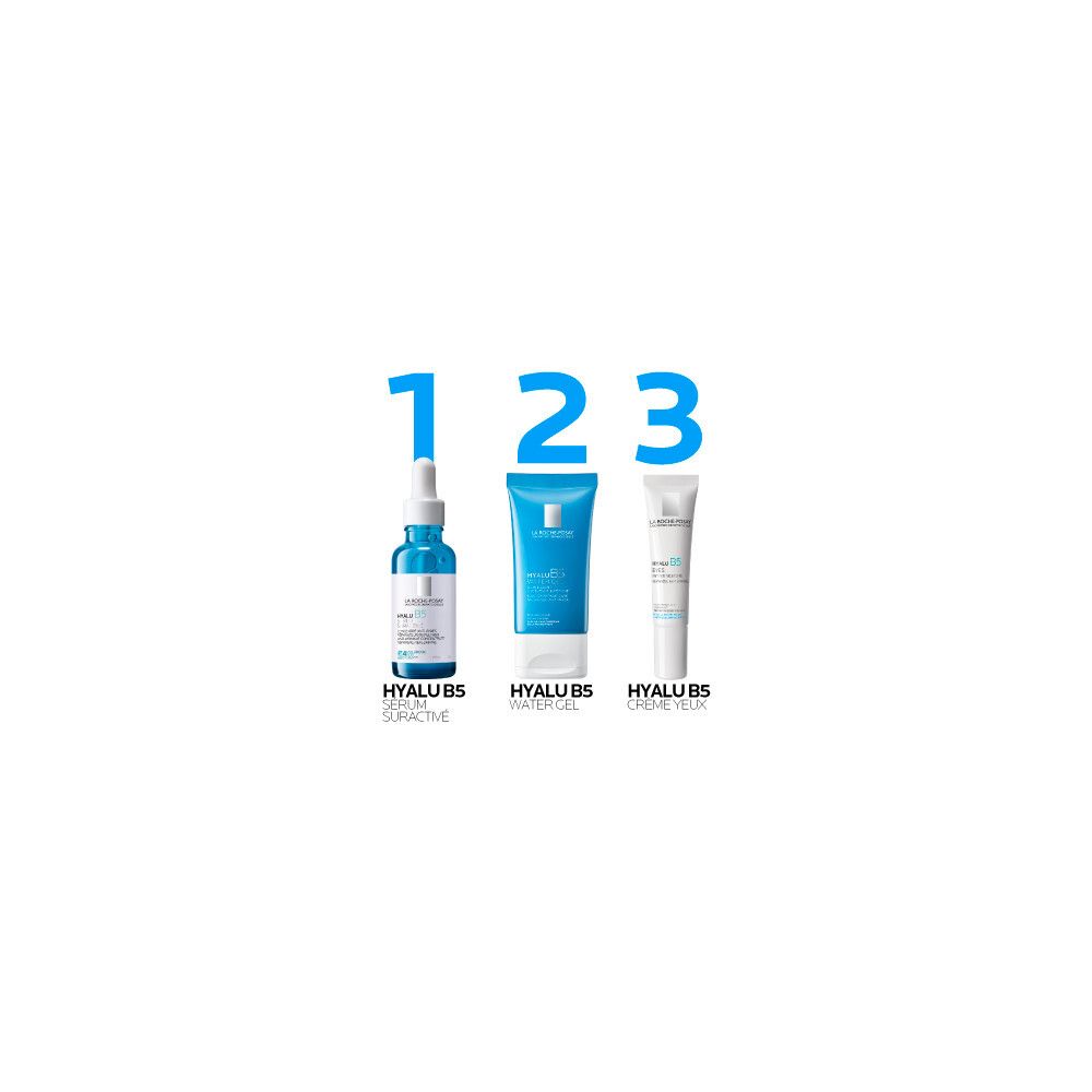 Trois produits La Roche-Posay Hyalu B5 : sérum, gel et crème contour des yeux.