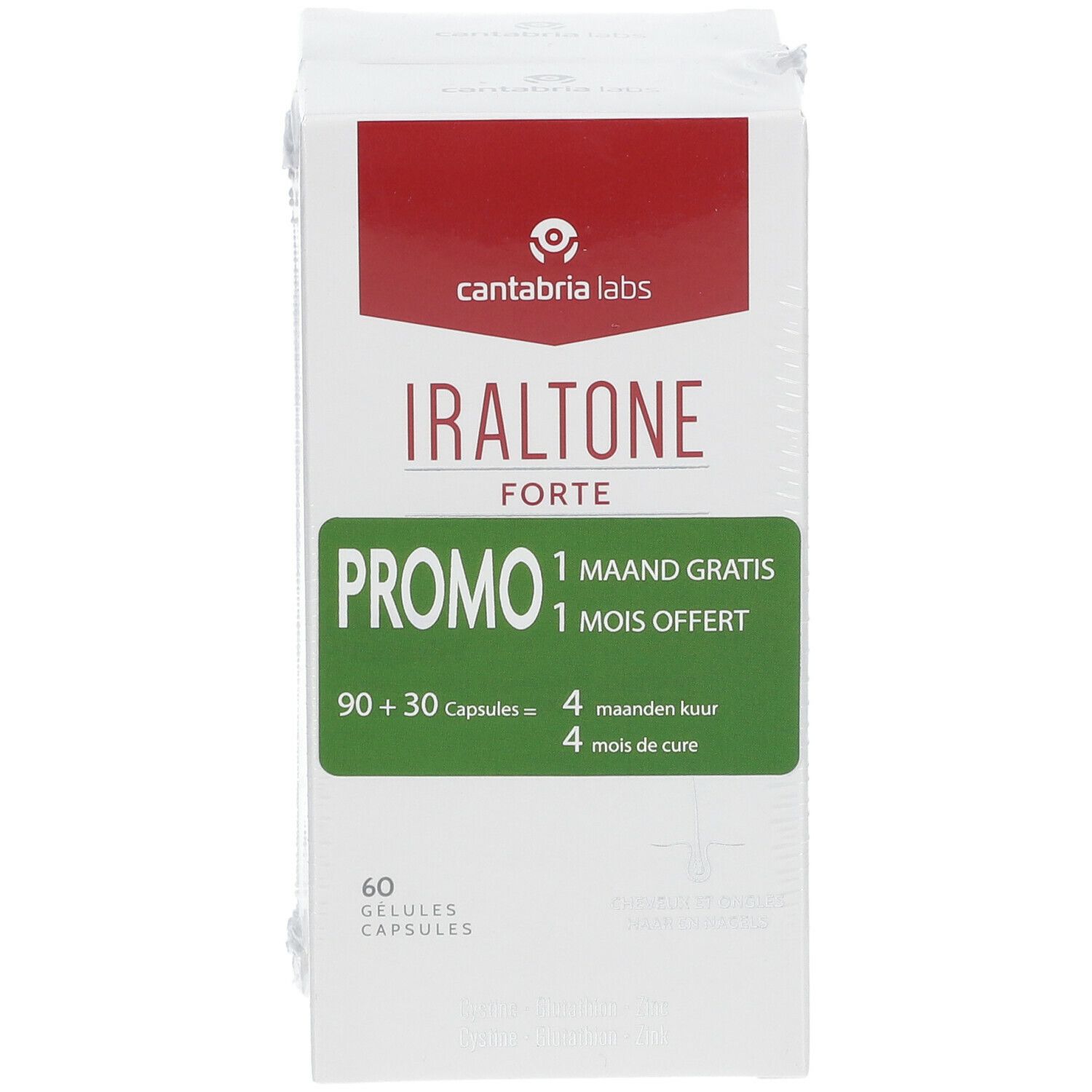 Emballage IRALTONE forte avec inscription PROMO, 1 mois gratuit. 90+30 gélules = 4 mois de cure. 60 gélules.