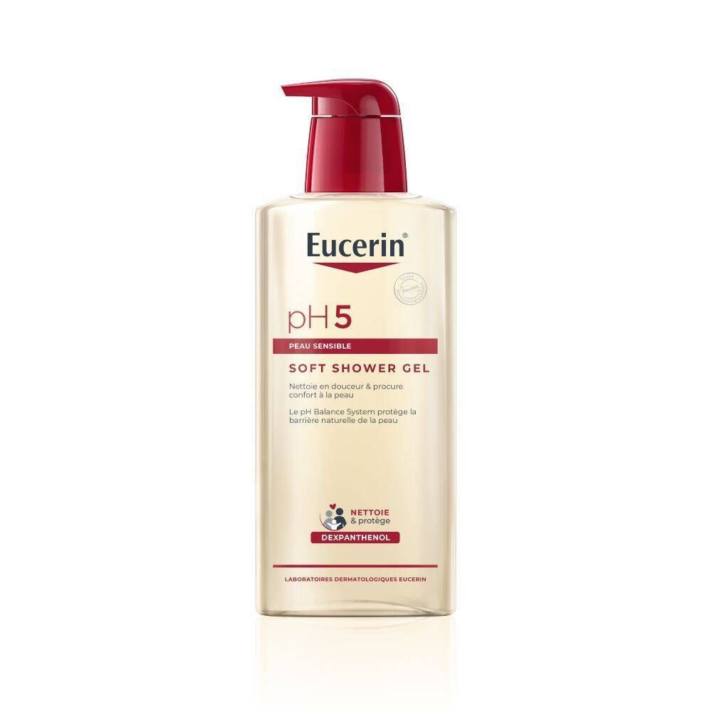 Flacon de gel douche Eucerin pH5 Soft avec pompe rouge. Inscription: Peau Sensible.