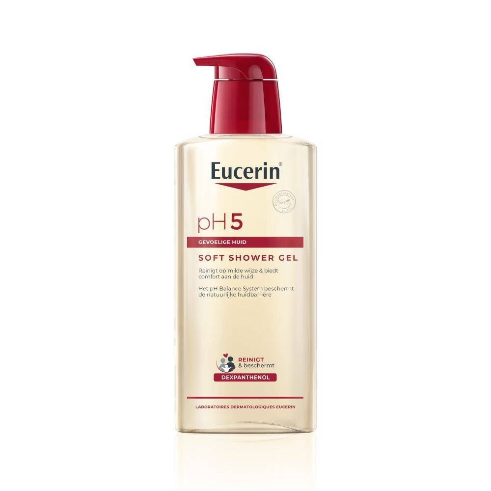 Eucerin pH5 Soft douchegelfles met rode pomp. Opschrift: Gevoelige Huid.