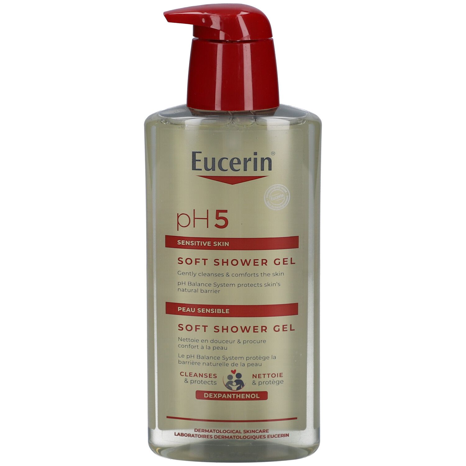 Gel douche avec pompe rouge. Inscription: Eucerin pH5 Soft Shower Gel.