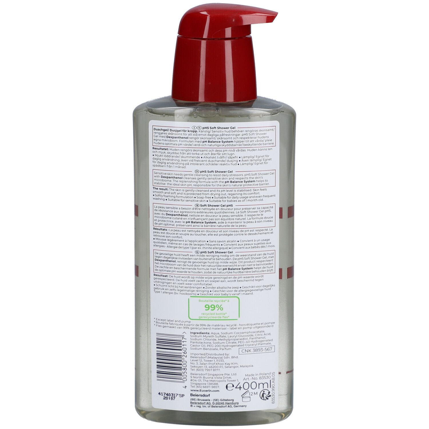 Dos de la bouteille de gel douche. Texte multilingue. Ingrédients et informations.