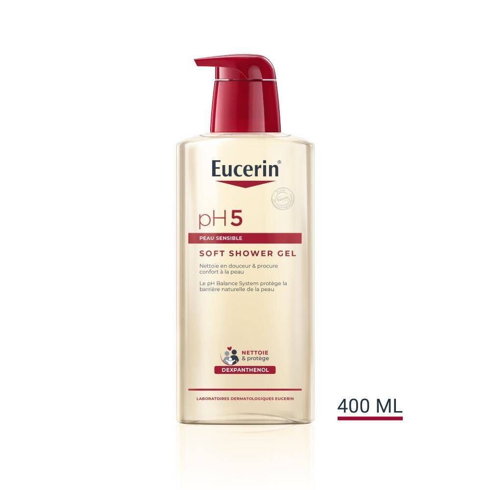 Flacon de gel douche Eucerin pH5 Soft avec pompe rouge. Inscription: Peau Sensible.