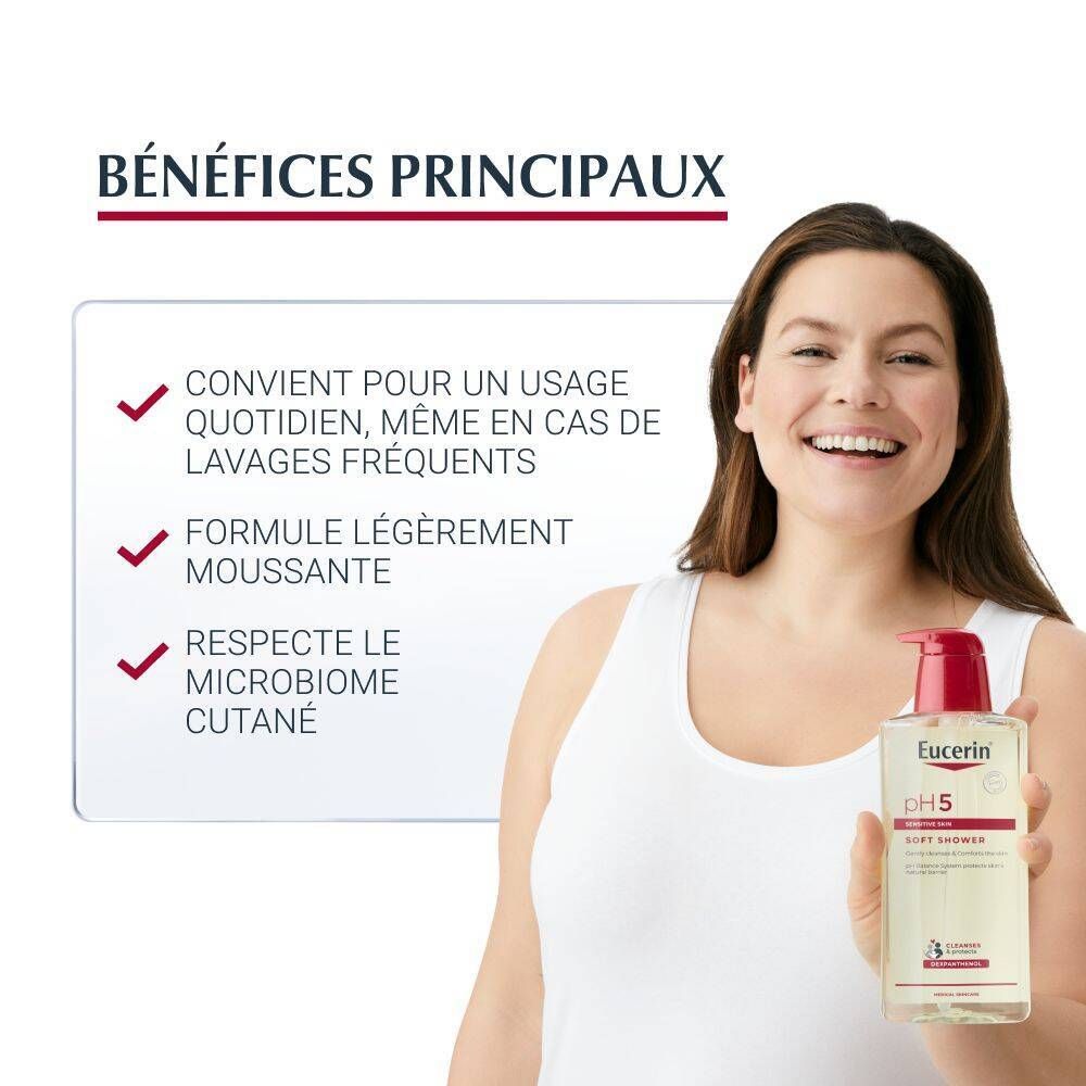 Femme tenant un flacon de gel douche Eucerin pH5 Soft. Texte: Avantages, convient aux lavages fréquents.
