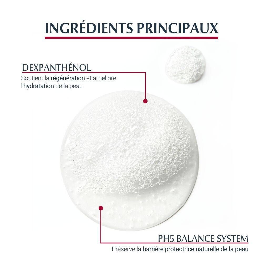Gros plan sur la mousse. Texte: Dexpanthenol, pH5 Balance System.