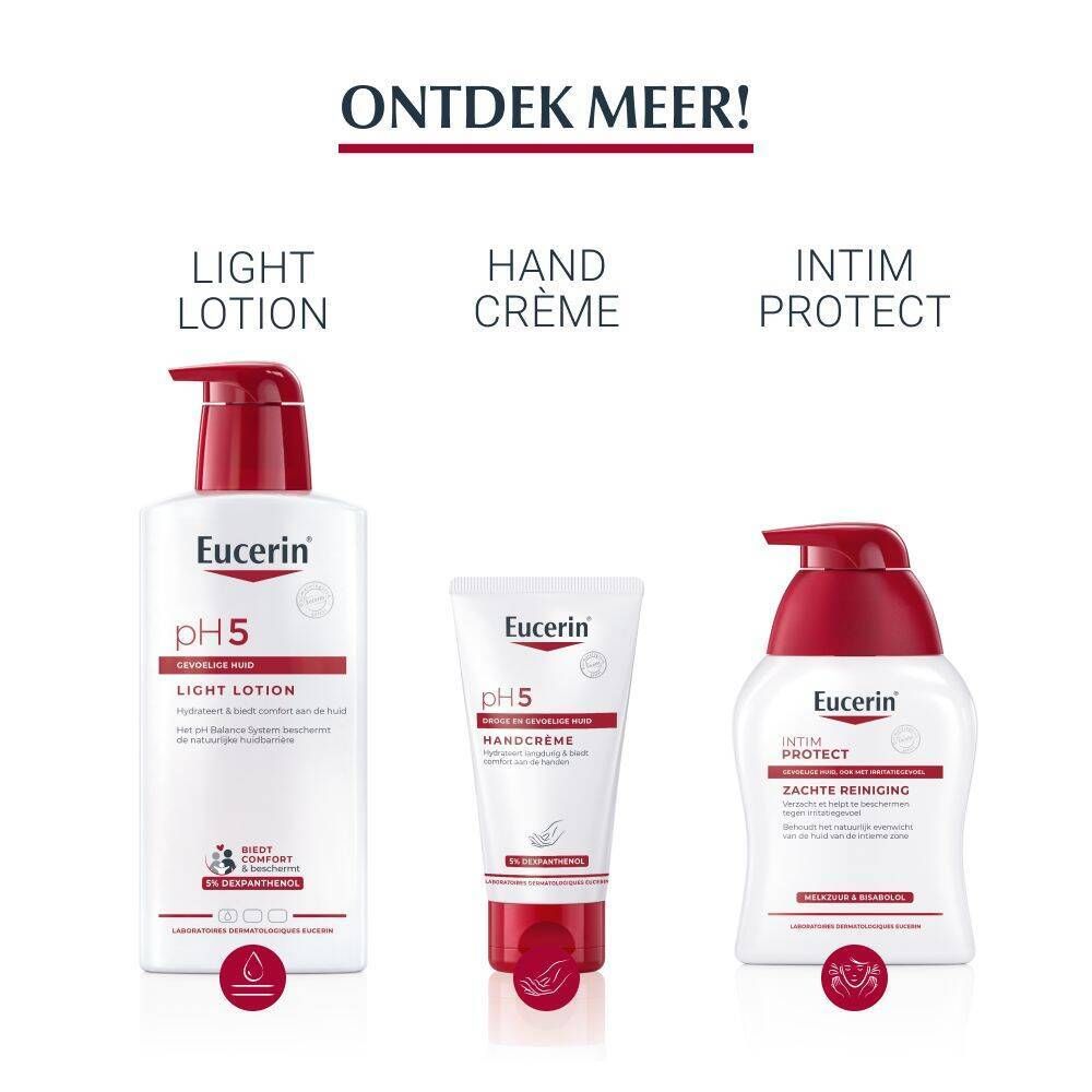 Drie Eucerin producten: Light Lotion, Handcrème, Intim Protect. Rode pomp.