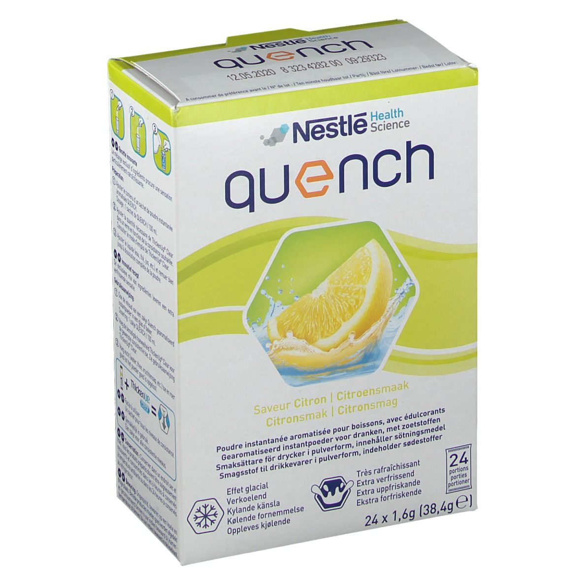 Nestlé Quench-Box. Zitrone-Geschmack. 24 Portionen. Aufschrift: "Nestlé Health Science".