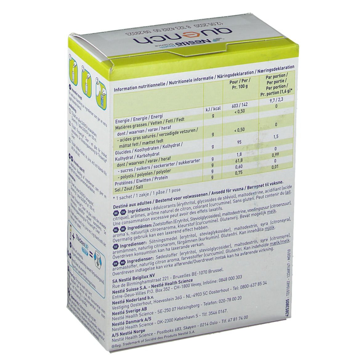 Rückseite der Nestlé Quench-Box. Nährwertangaben. Text in mehreren Sprachen.