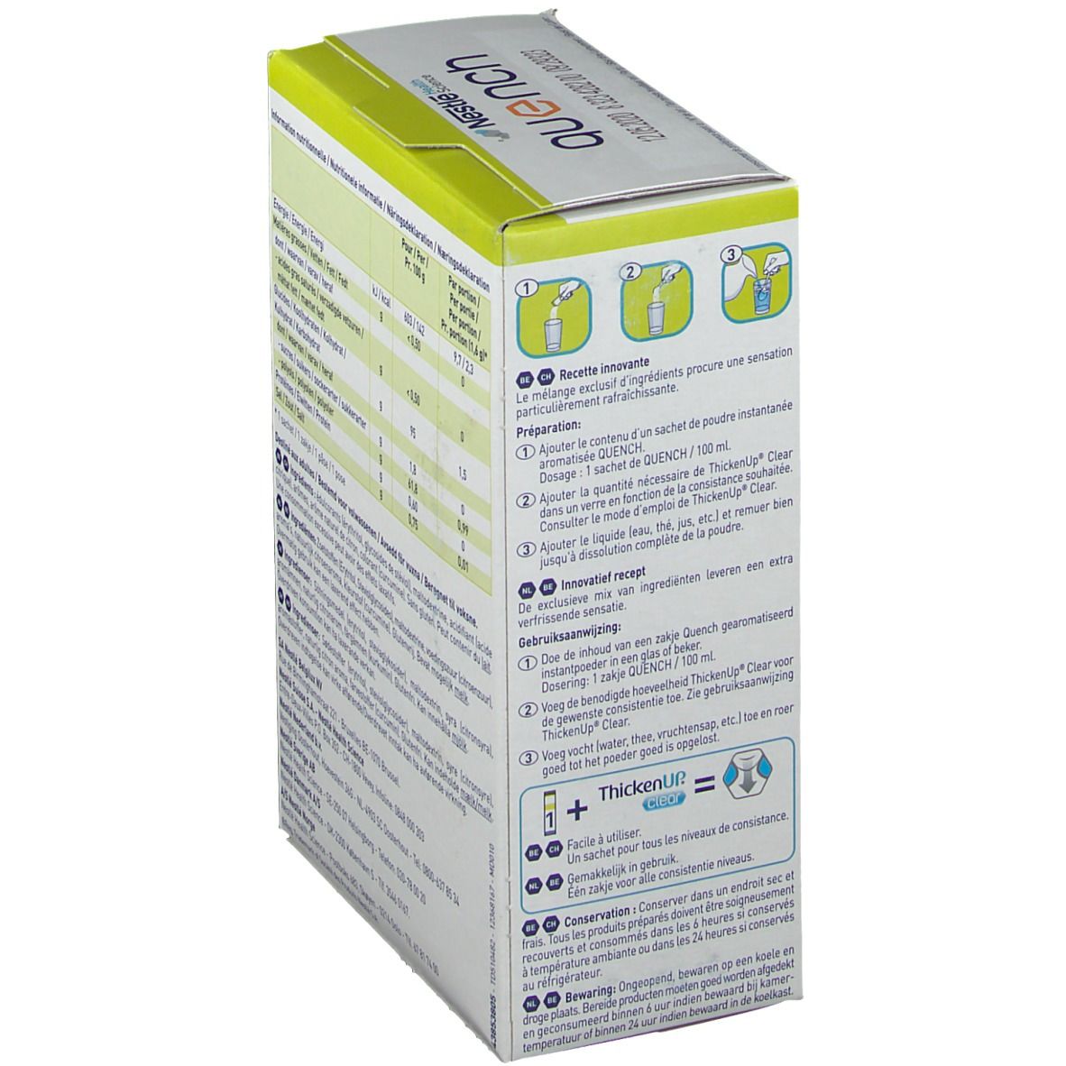 Nestlé Quench-Box, Seitenansicht. Text: Zubereitung, Inhaltsstoffe. Mehrsprachig.