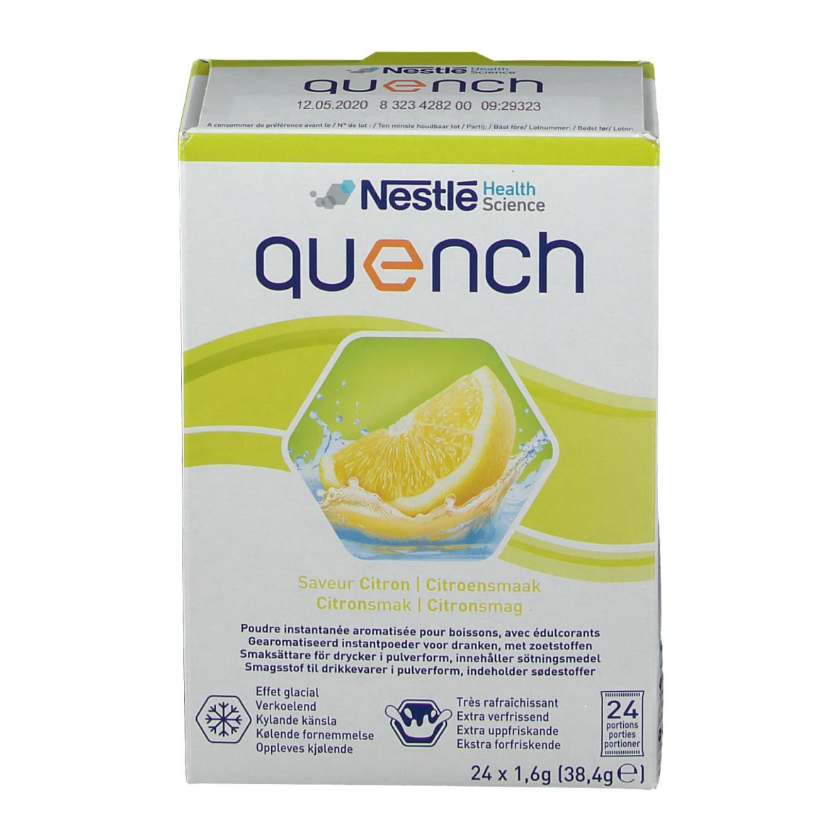 Nestlé Quench-Box. Zitrone-Geschmack. 24 Portionen. Aufschrift: "Nestlé Health Science".