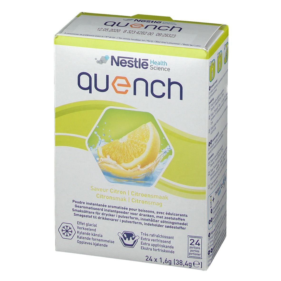 Nestlé Quench-Box. Zitrone-Geschmack. 24 Portionen. Aufschrift: "Nestlé Health Science".