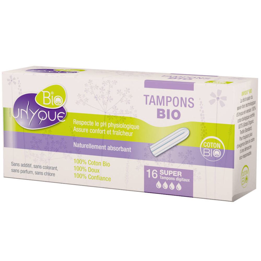 Boîte de tampons UNYQUE BIO. 16 tampons super. 100% coton bio. Tampons digitaux. Respecte le pH physiologique.