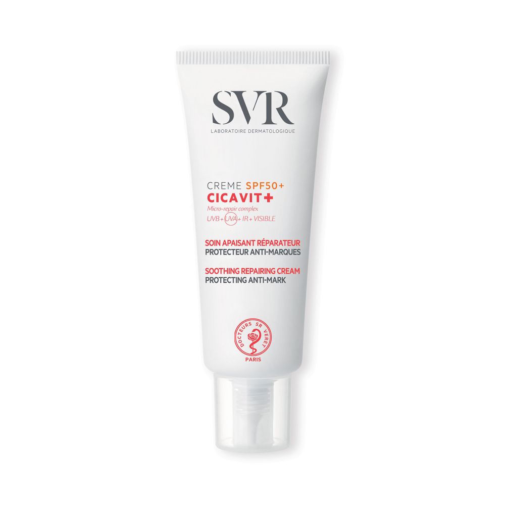 Tube blanc SVR Cicavit+ Crème SPF50+. Texte rouge. Inscription: Micro-repair complex.