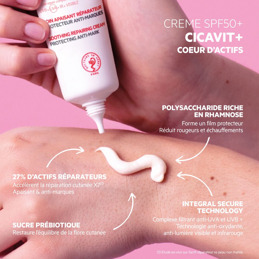Dos du tube SVR Cicavit+ Crème SPF50+. Texte multilingue. Bouchon gris.