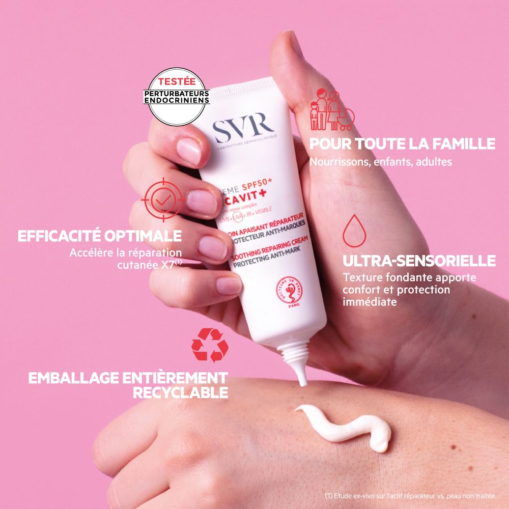 Boîte SVR Cicavit+ Crème SPF50+. Texte rouge. Inscription: Micro-repair complex.