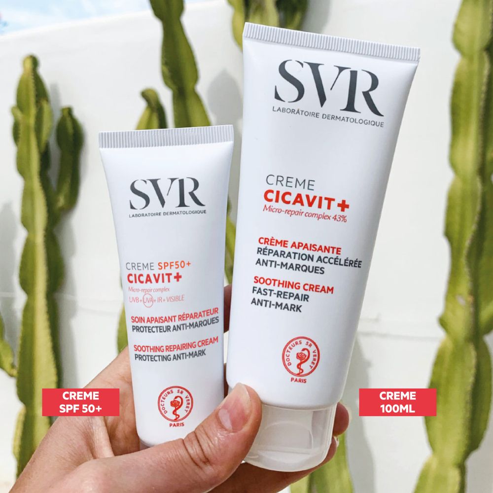 Côté de la boîte SVR Cicavit+ Crème SPF50+. Texte multilingue. Couleurs rouge et blanc.