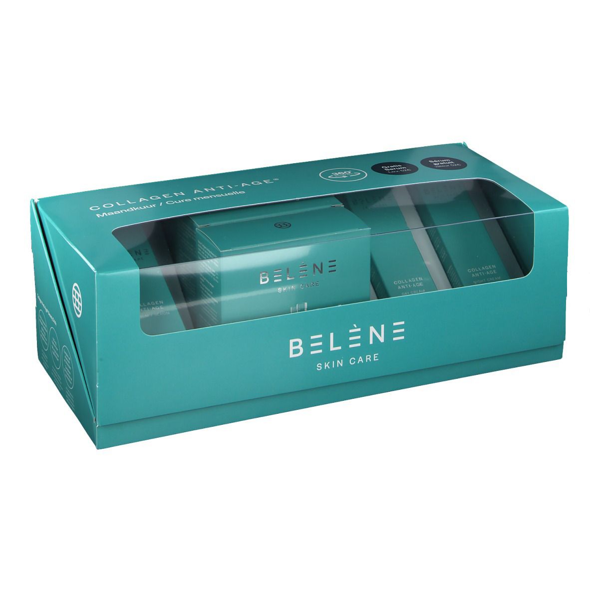 Coffret turquoise avec fenêtre transparente. Contient plusieurs produits de soin de la peau. Inscription BELENE Skin Care.