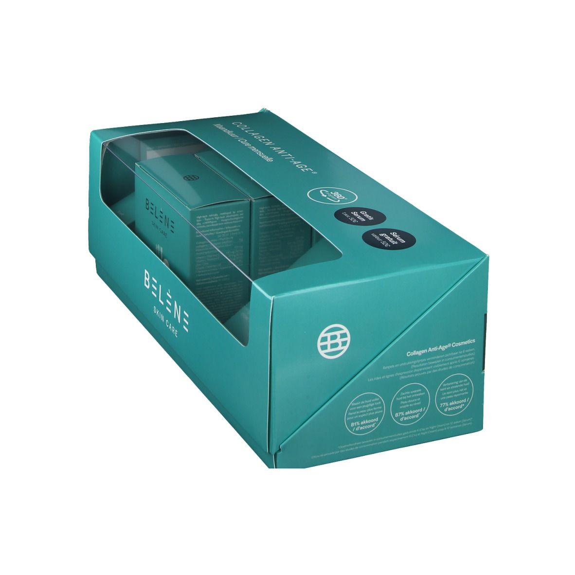 Coffret turquoise avec fenêtre transparente. Inscription BELENE Skin Care. Vue en angle sur le coin de la boîte.