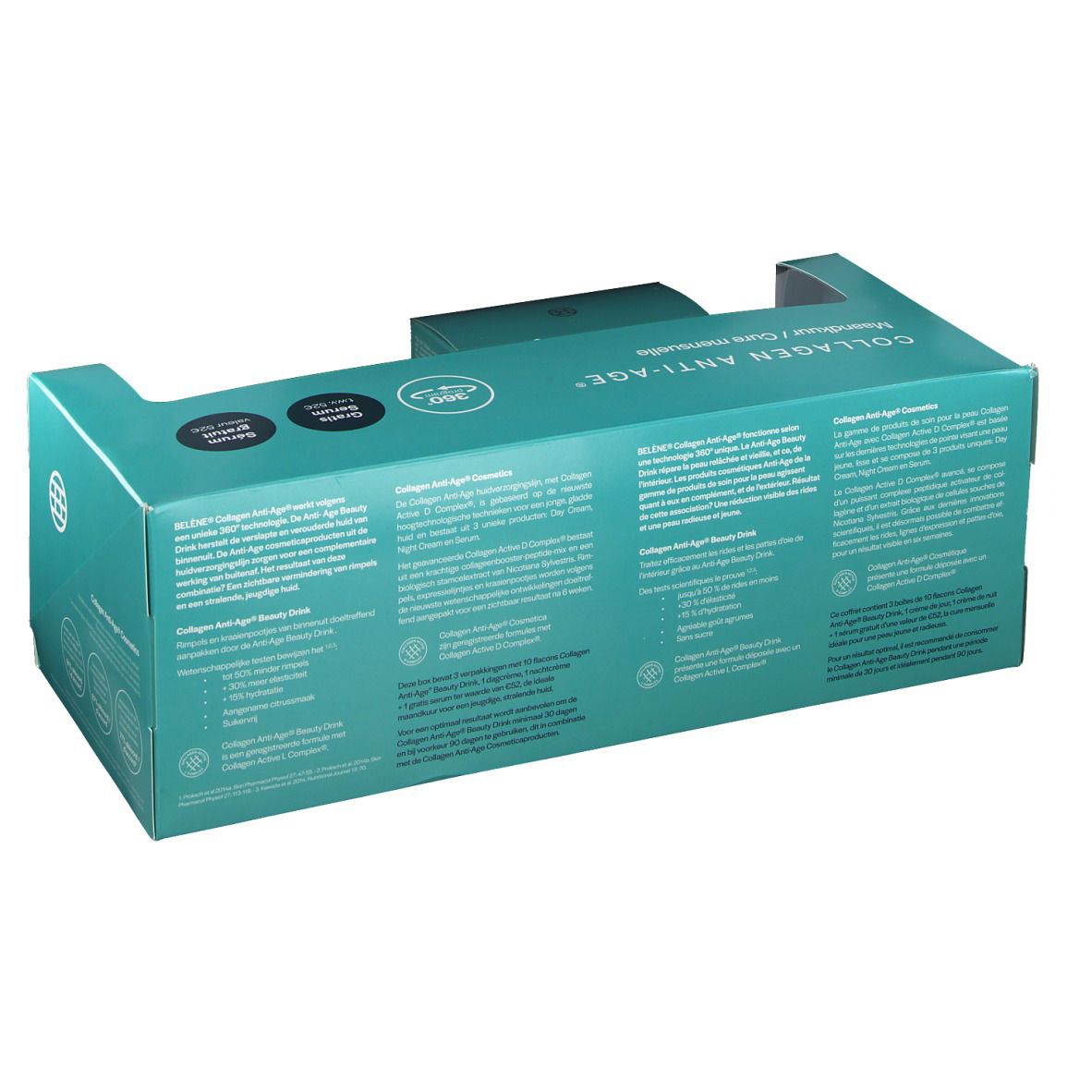 Dos d'un coffret cadeau turquoise. Extraits de texte et logos. Inscription COLLAGEN ANTI-AGE.