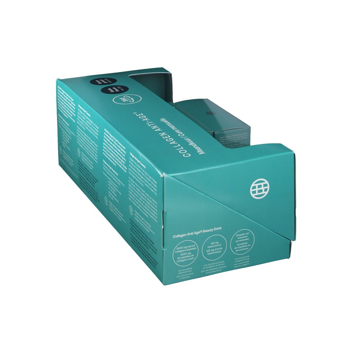 Coffret cadeau turquoise partiellement ouvert. Texte et logos sur la boîte. Inscription COLLAGEN ANTI-AGE.