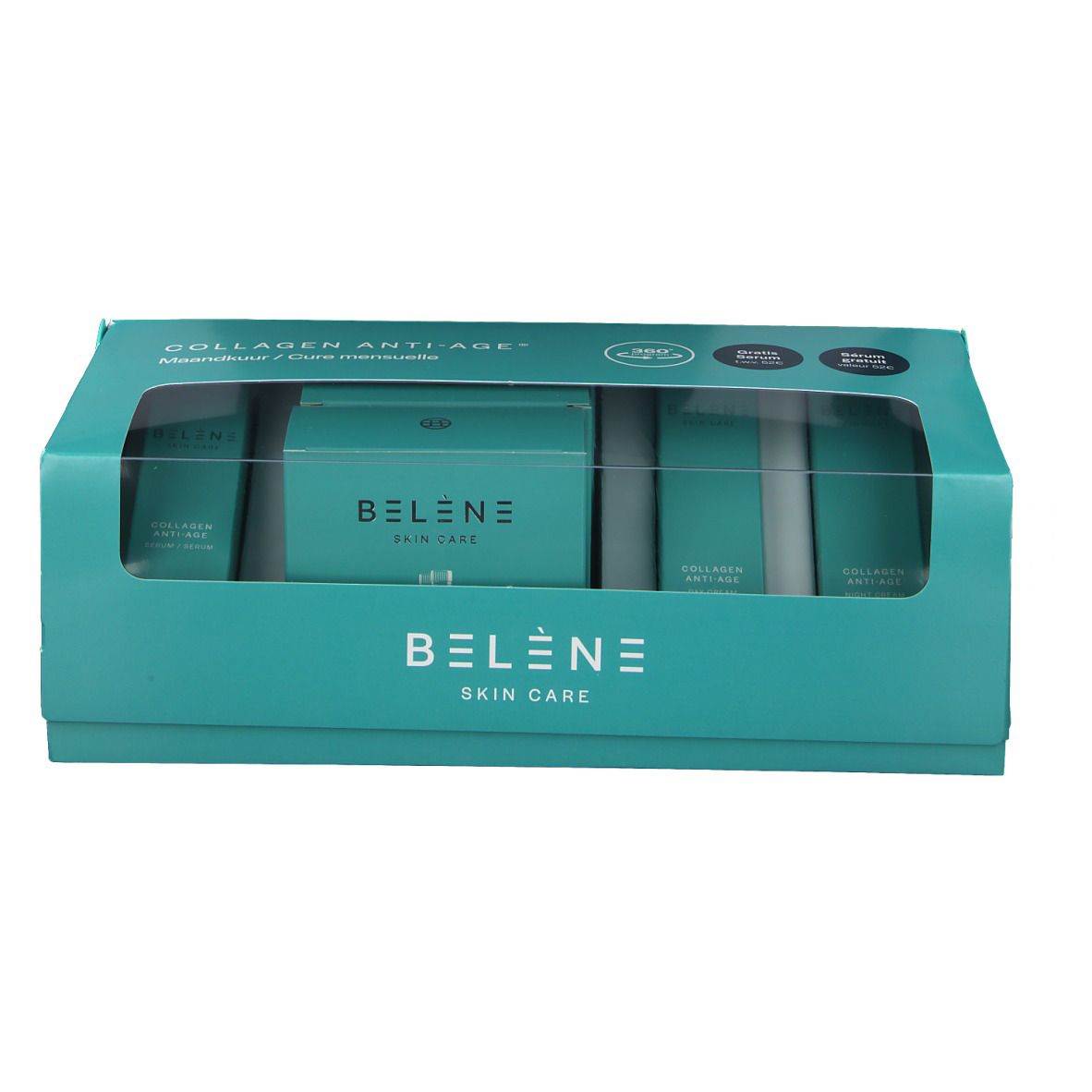 Coffret turquoise avec fenêtre transparente. Contient plusieurs produits de soin de la peau. Inscription BELENE Skin Care.