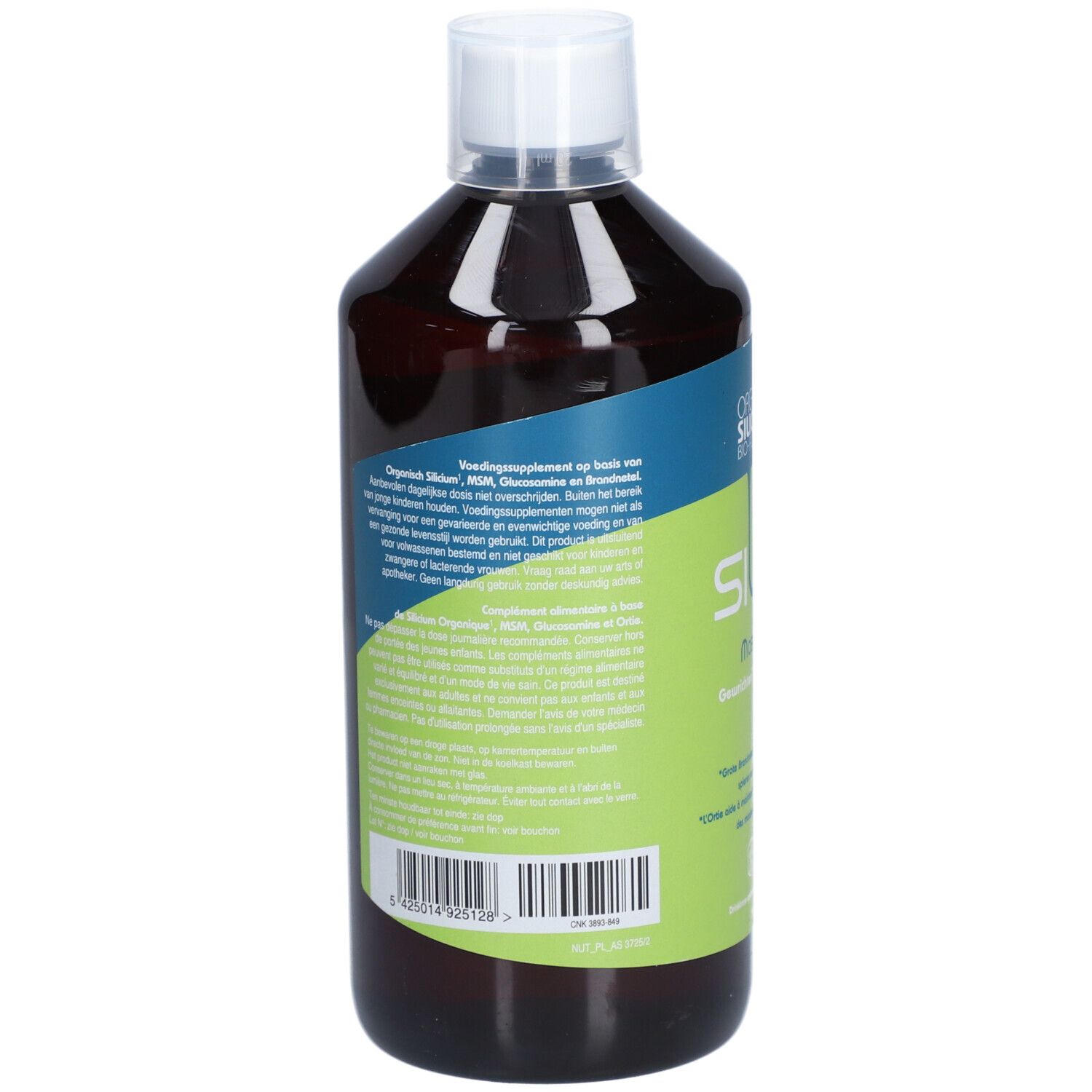 Achterkant van een fles bruine vloeistof. Tekst in het Nederlands. Opschrift: Organic Silicium, Silix Mobility.