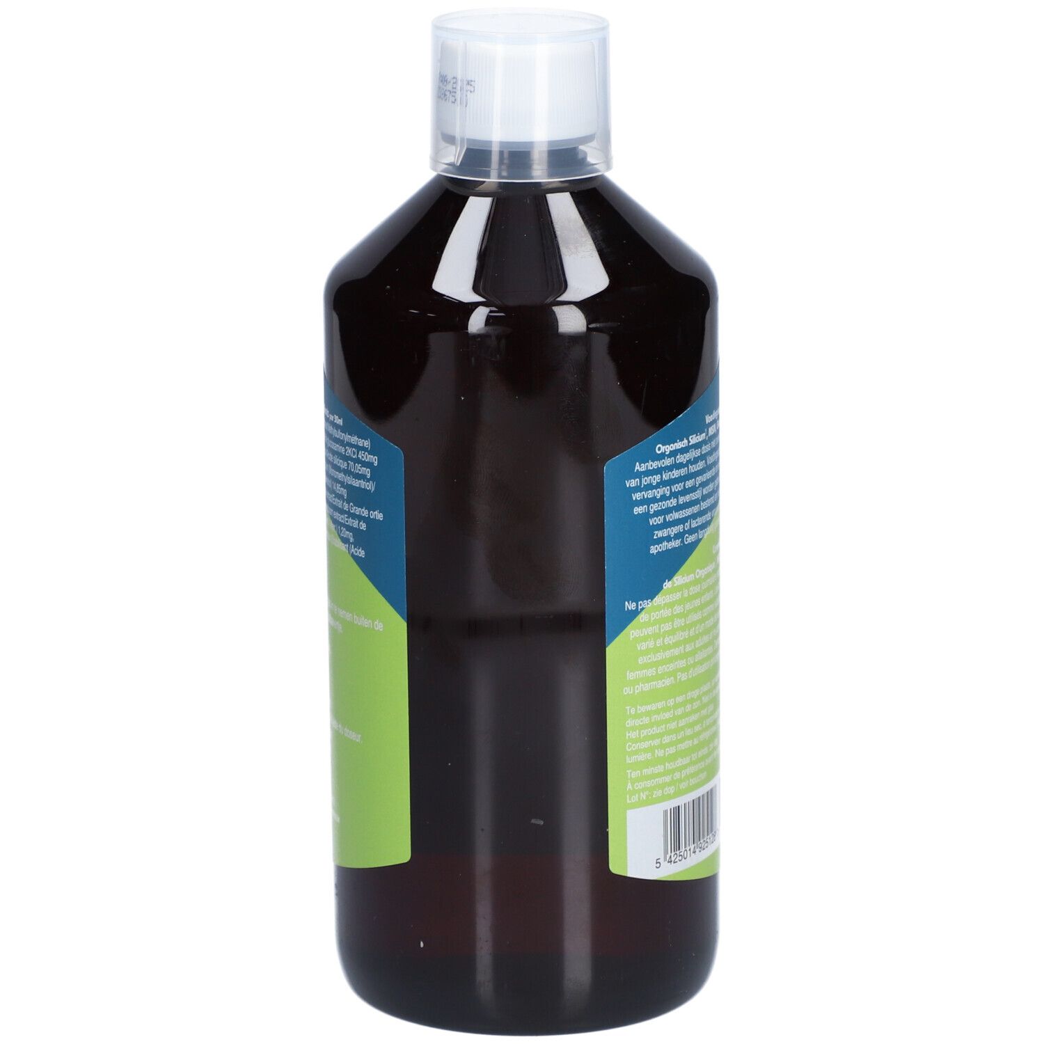 Achterkant van een fles bruine vloeistof. Tekst in het Nederlands. Opschrift: Organic Silicium, Silix Mobility.