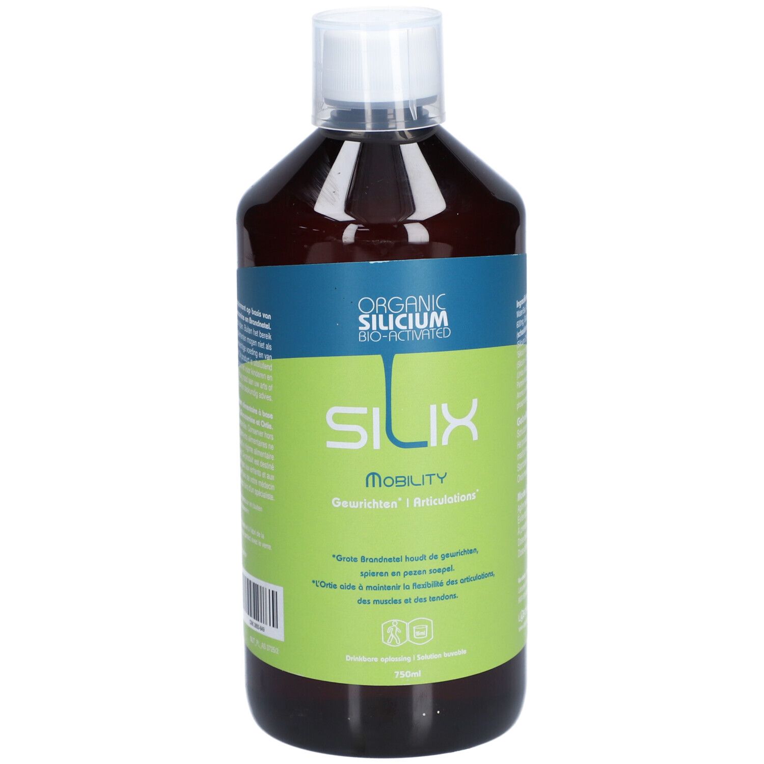 Bruine vloeistof in fles met witte dop. Opschrift: Silix Mobility, Organic Silicium.