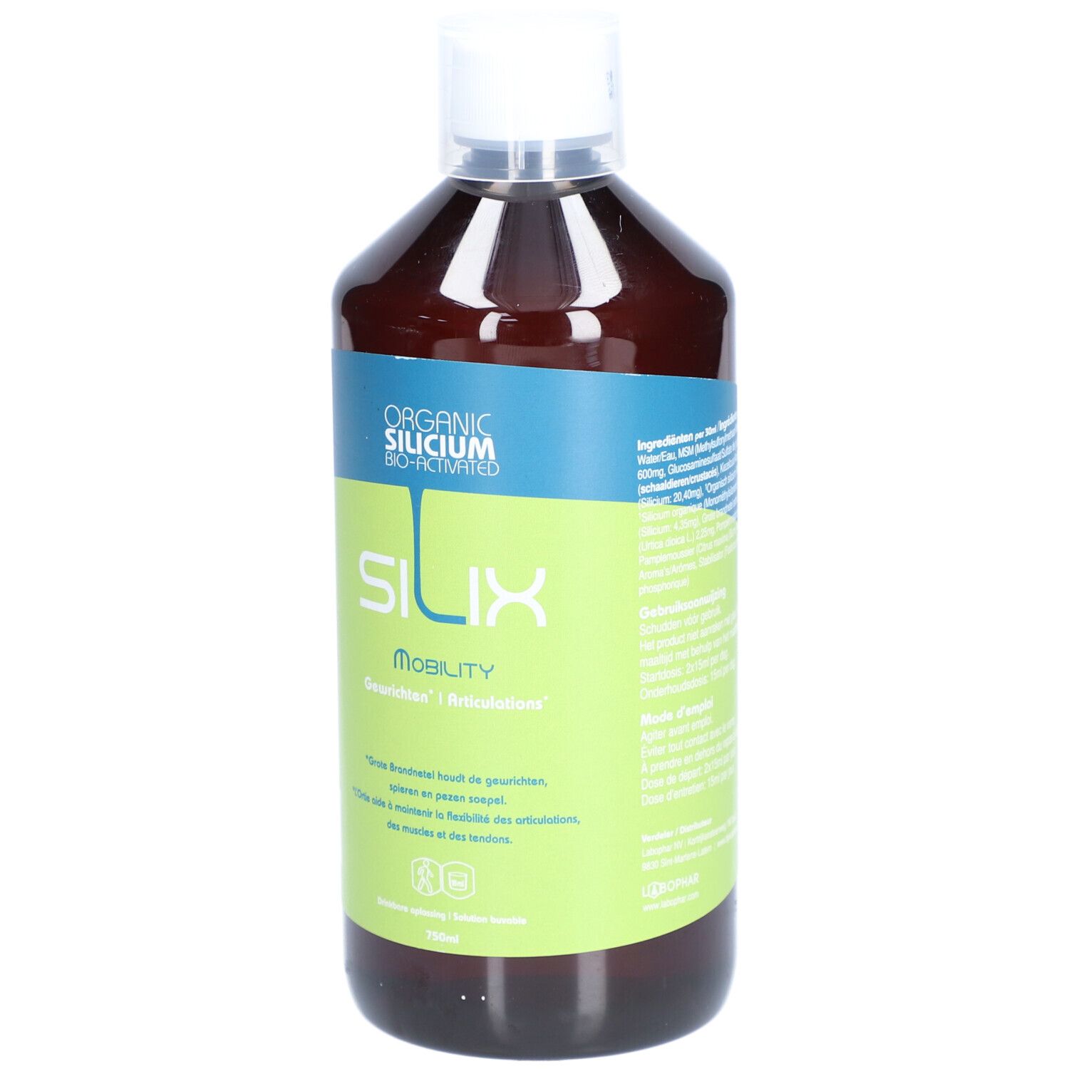 Bruine vloeistof in fles met witte dop. Opschrift: Silix Mobility, Organic Silicium.