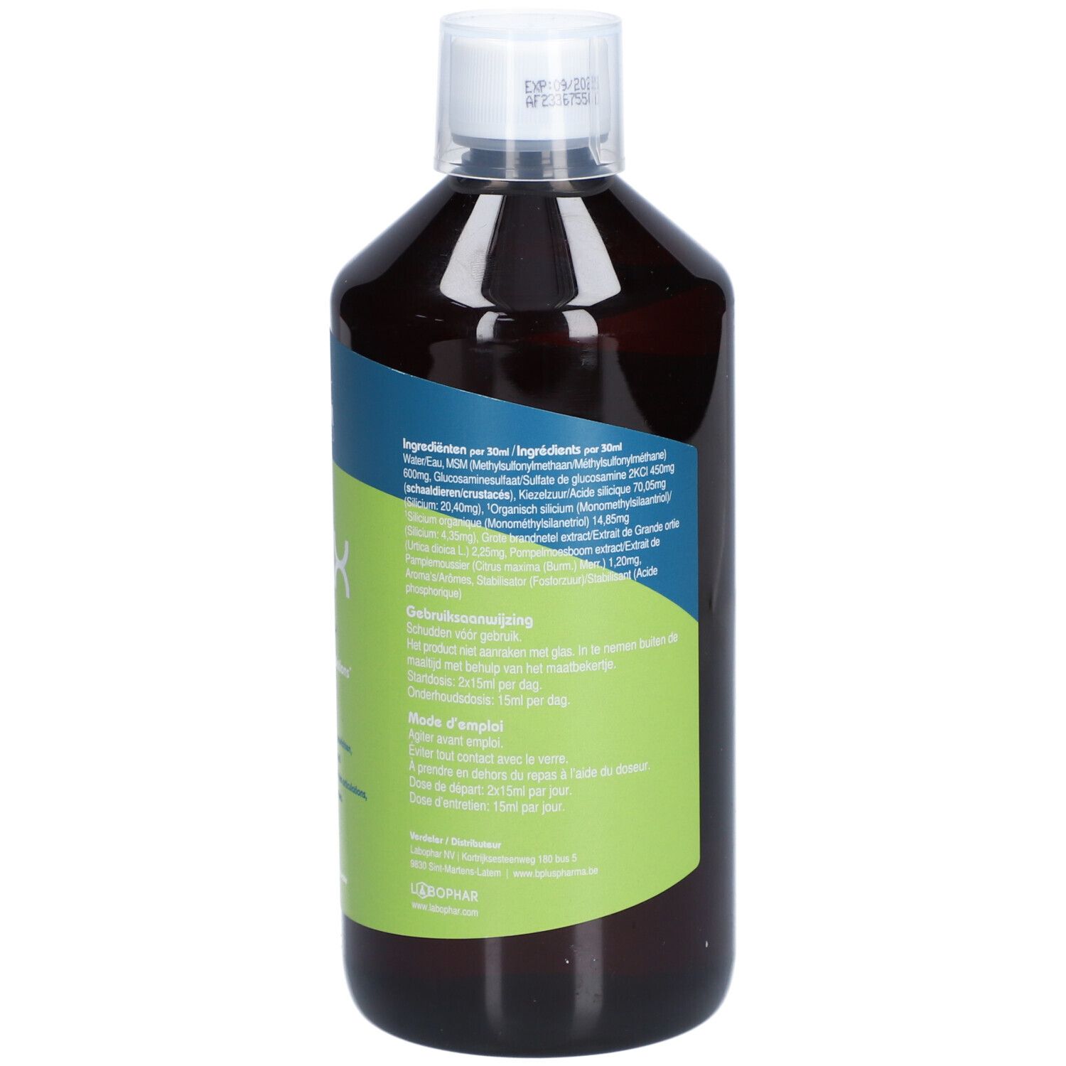 Achterkant van een fles bruine vloeistof. Tekst in het Nederlands. Opschrift: Organic Silicium, Silix Mobility.