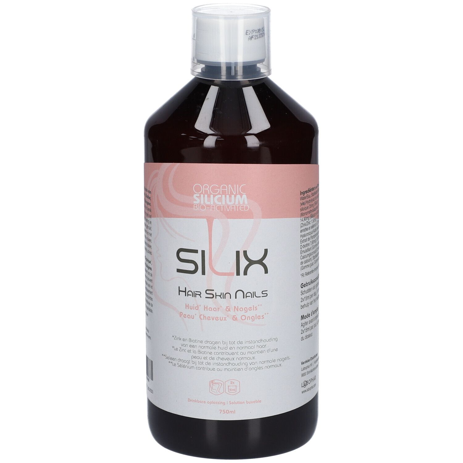 Liquide brun en bouteille à bouchon blanc. Inscription: Organic Silicium, SILIX, Hair Skin Nails. Étiquette rose.