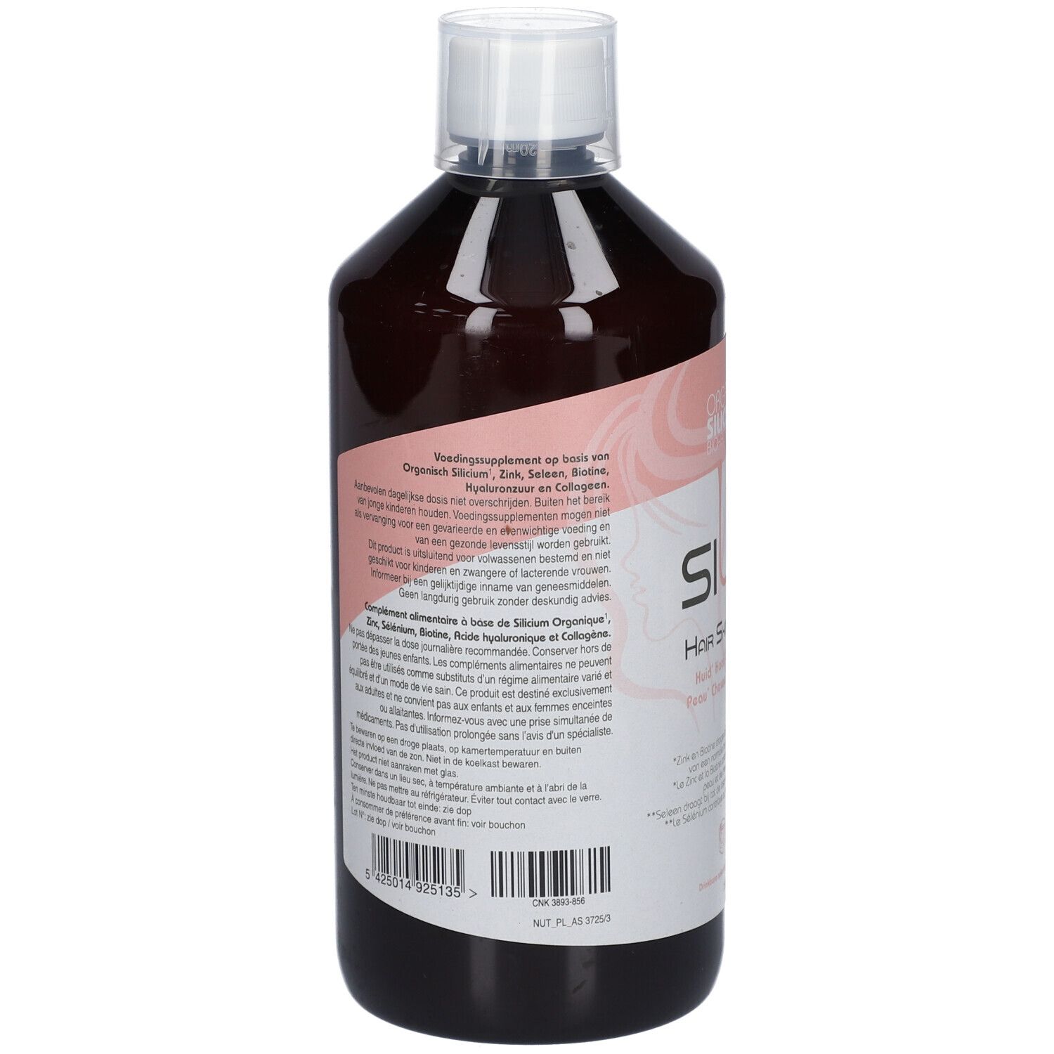 Dos d'une bouteille de liquide brun. Étiquette rose avec texte. Bouchon blanc. Code-barres en bas.