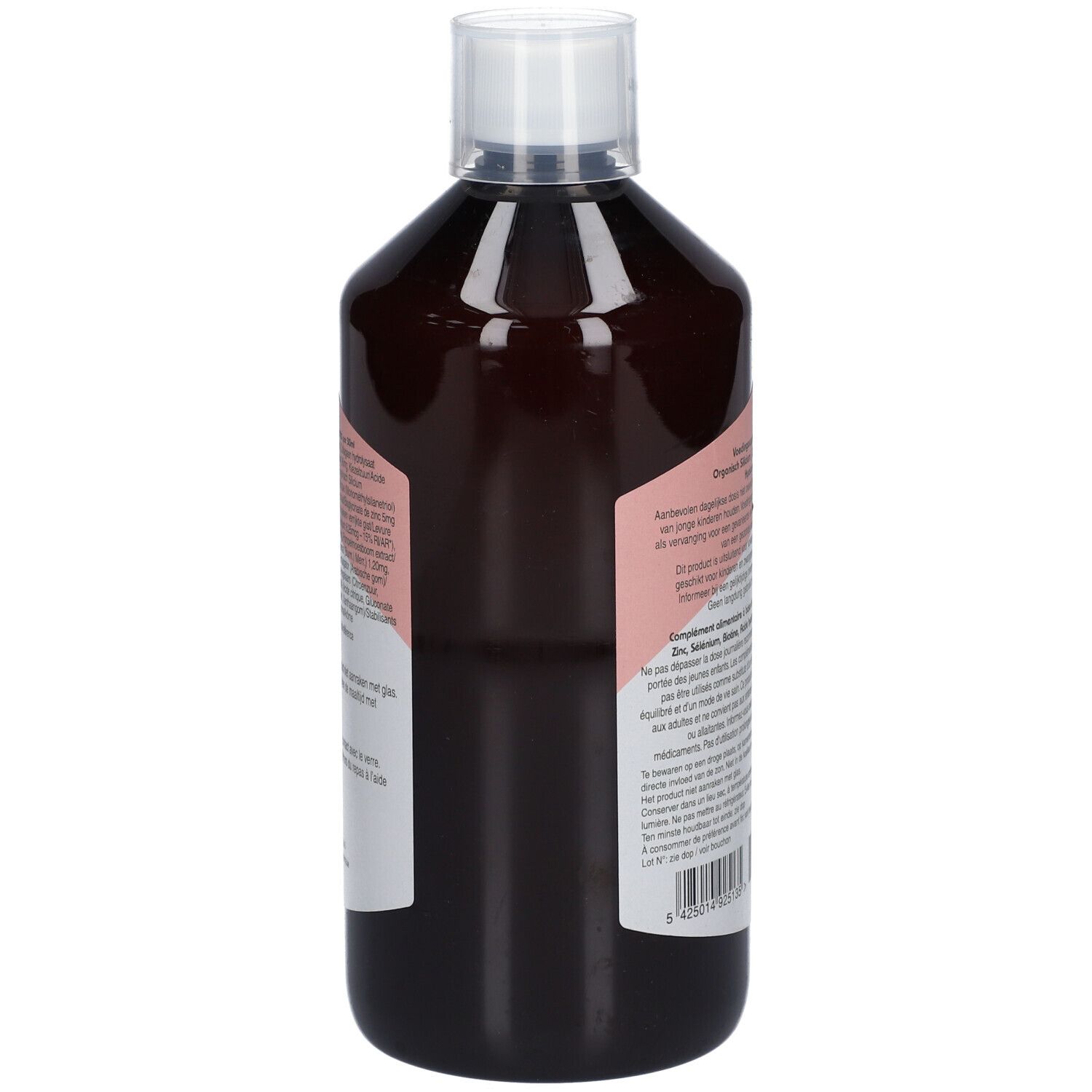 Vue latérale d'une bouteille de liquide brun. Étiquette rose avec texte. Bouchon blanc.