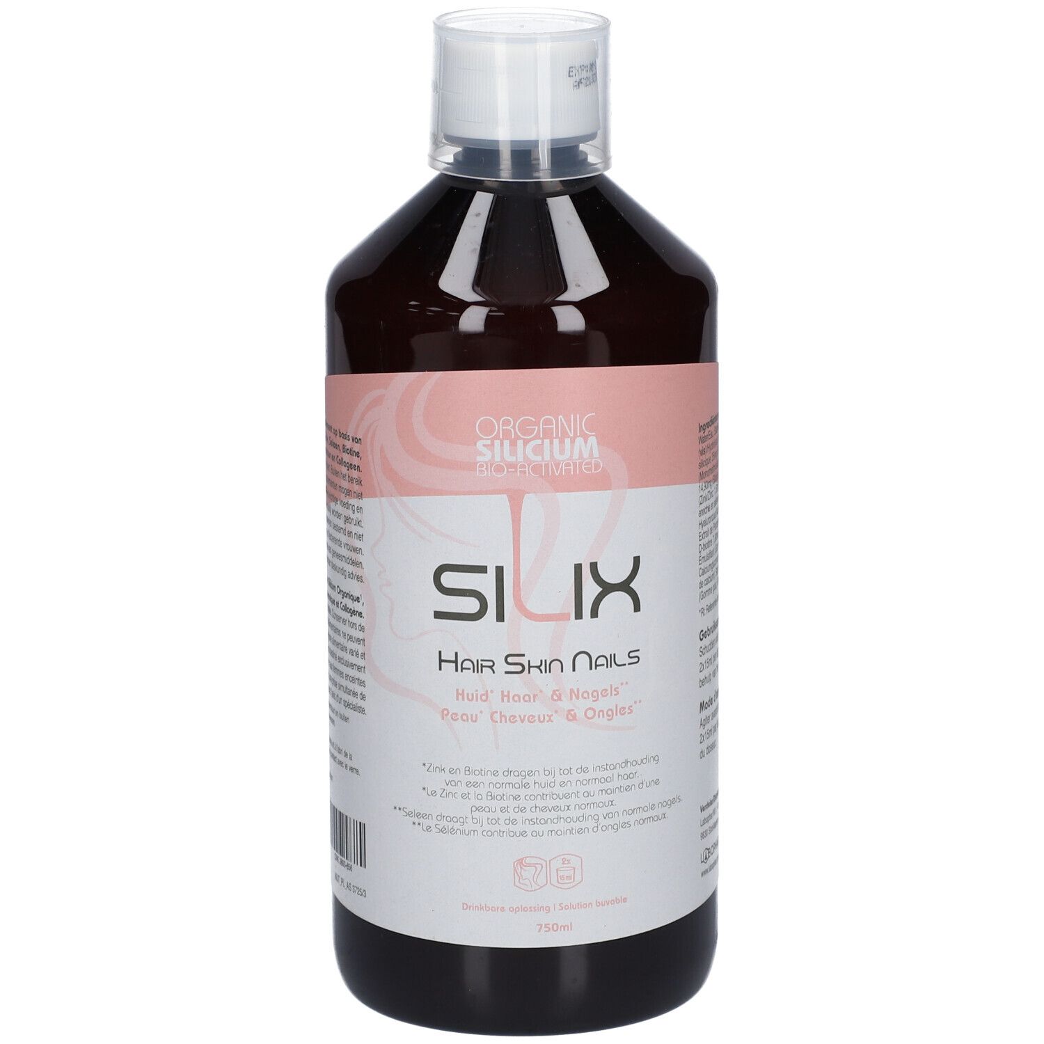 Liquide brun en bouteille à bouchon blanc. Inscription: Organic Silicium, SILIX, Hair Skin Nails. Étiquette rose.
