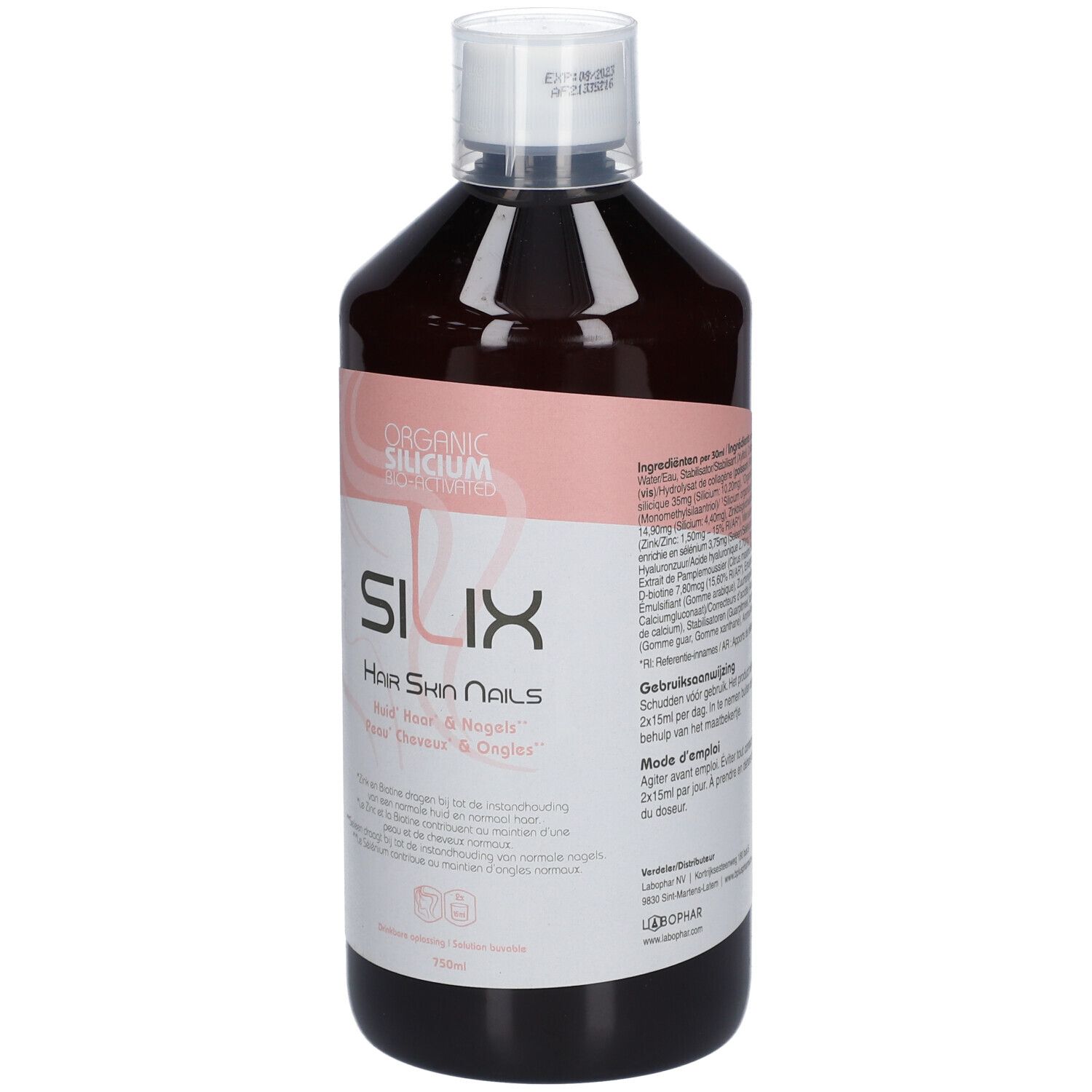 Liquide brun en bouteille à bouchon blanc. Inscription: Organic Silicium, SILIX, Hair Skin Nails. Étiquette rose.
