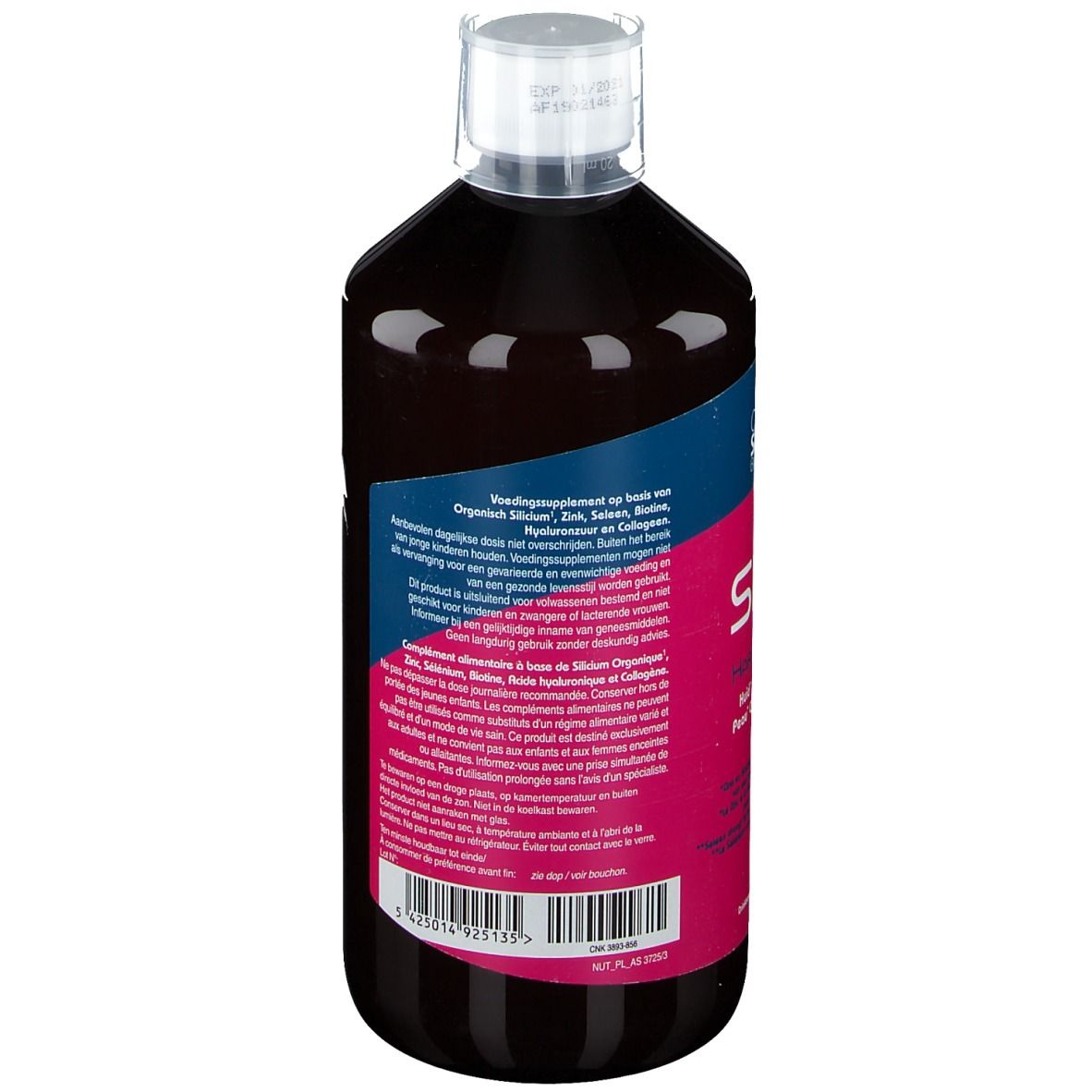 Dos d'une bouteille de liquide brun. Étiquettes roses et bleues avec texte. Bouchon blanc. Code-barres en bas.
