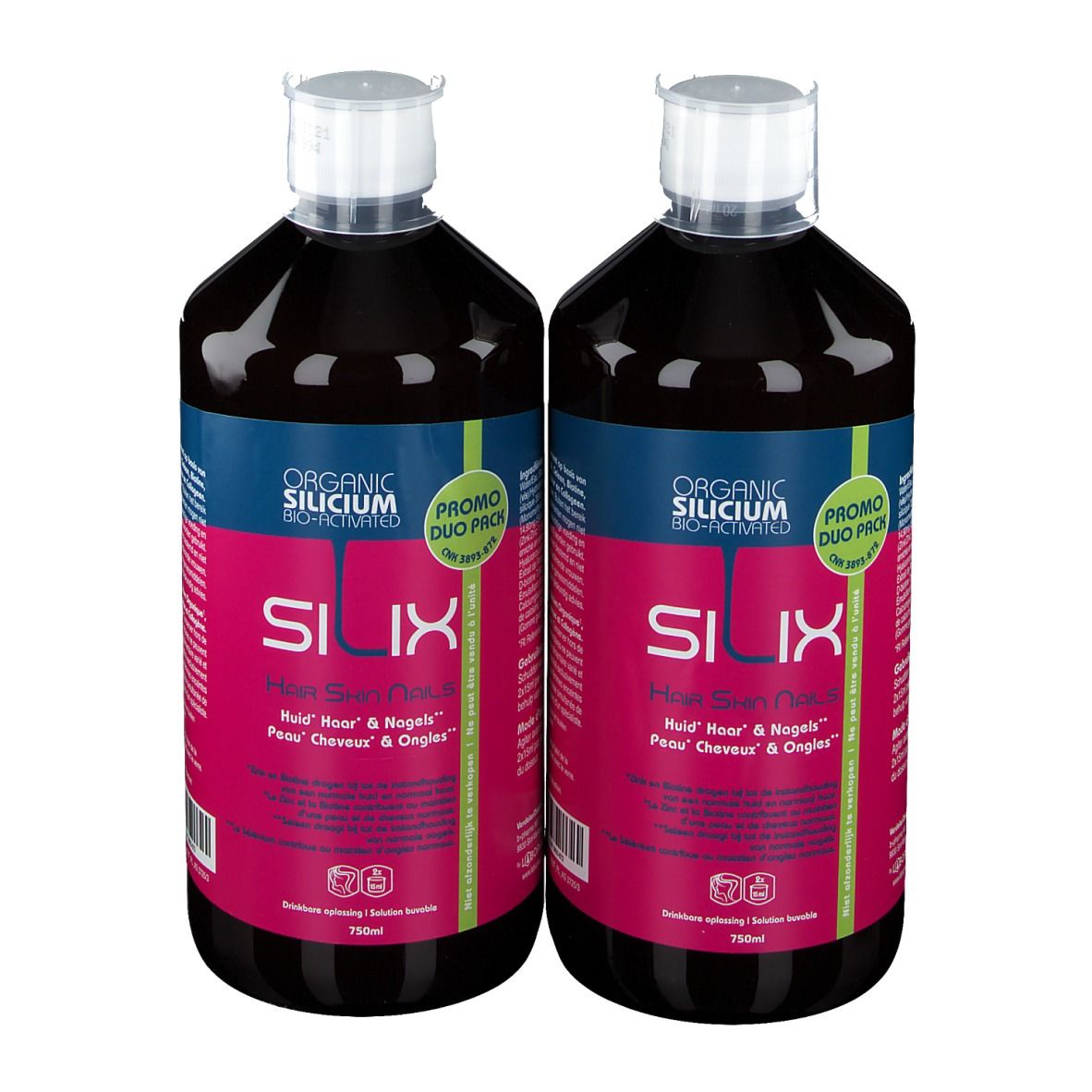 Twee flessen SILIX, met blauwe en roze etiketten. Opschrift: Organic Silicium Bio-Aktiv. Duo-verpakking.