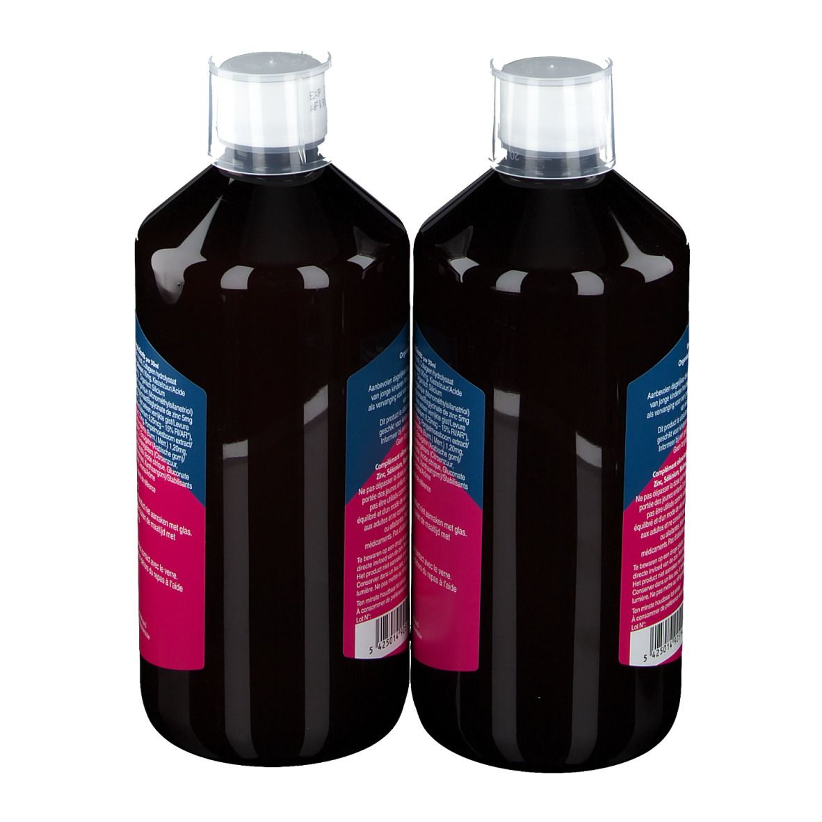 Twee flessen SILIX, achteraanzicht. Blauwe en roze etiketten met tekst. Witte doppen.