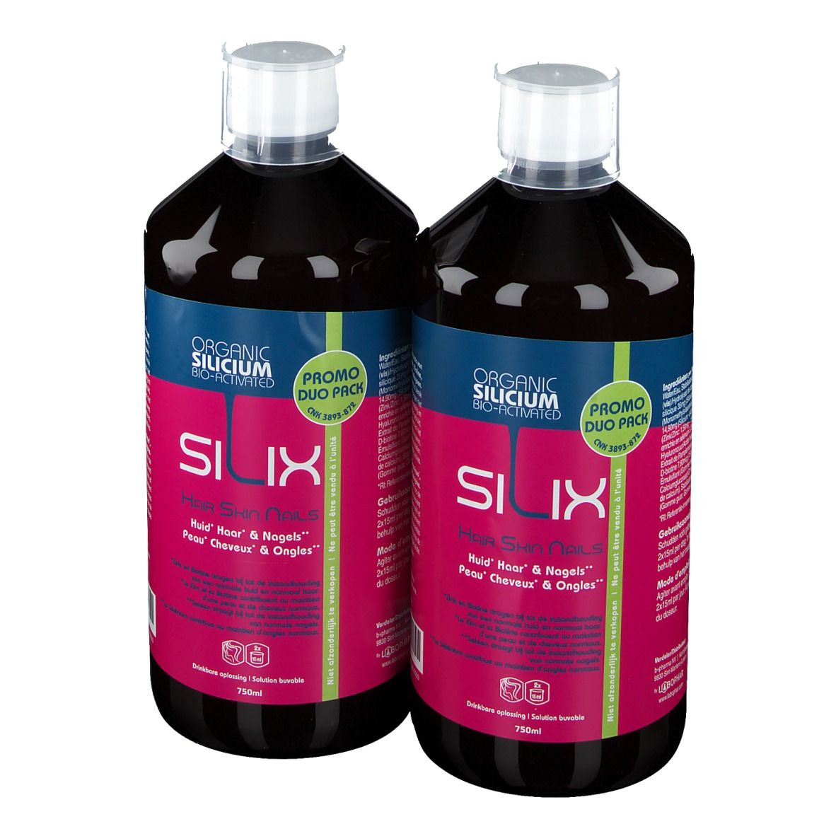 Twee flessen SILIX, met blauwe en roze etiketten. Opschrift: Organic Silicium Bio-Aktiv. Duo-verpakking.