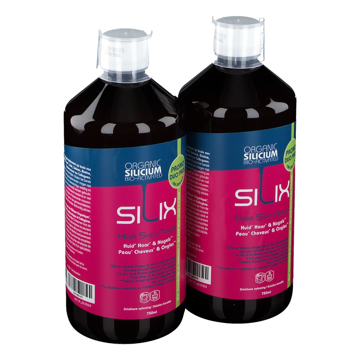 Twee flessen SILIX, met blauwe en roze etiketten. Opschrift: Organic Silicium Bio-Aktiv. Duo-verpakking.