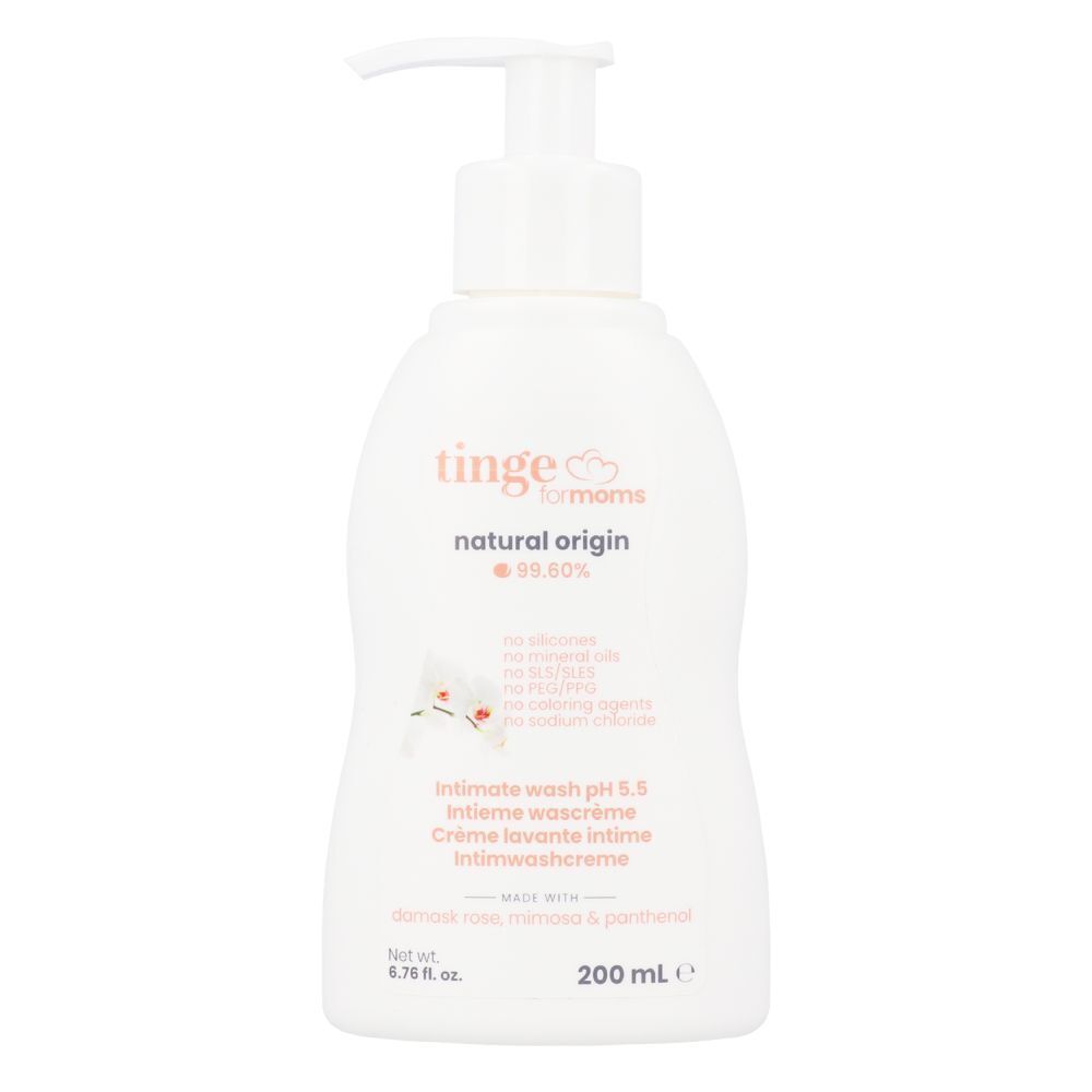 Witte fles met pomp. Opschrift: tinge for moms, natural origin, Intieme wascrème pH 5,5. 200 ml.