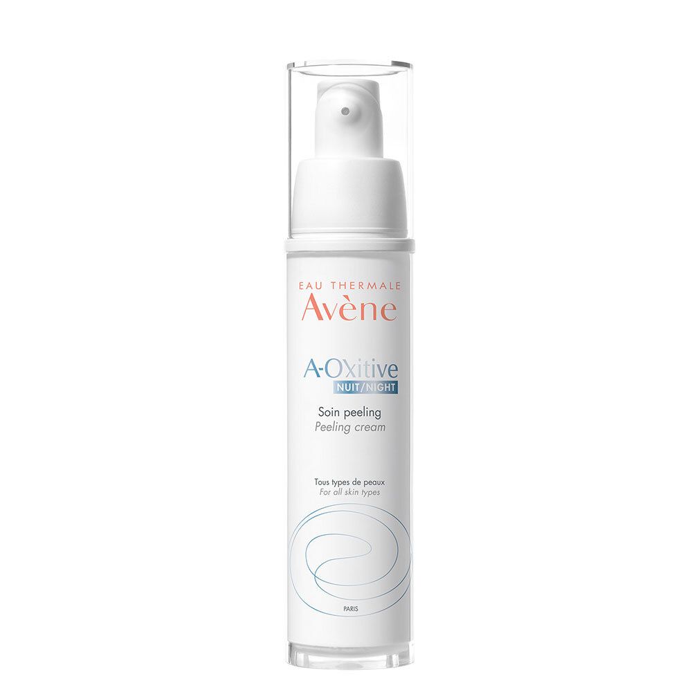 Weiße Flasche mit Pumpe. Aufschrift: Avène A-Oxitive Nacht. Für alle Hauttypen.