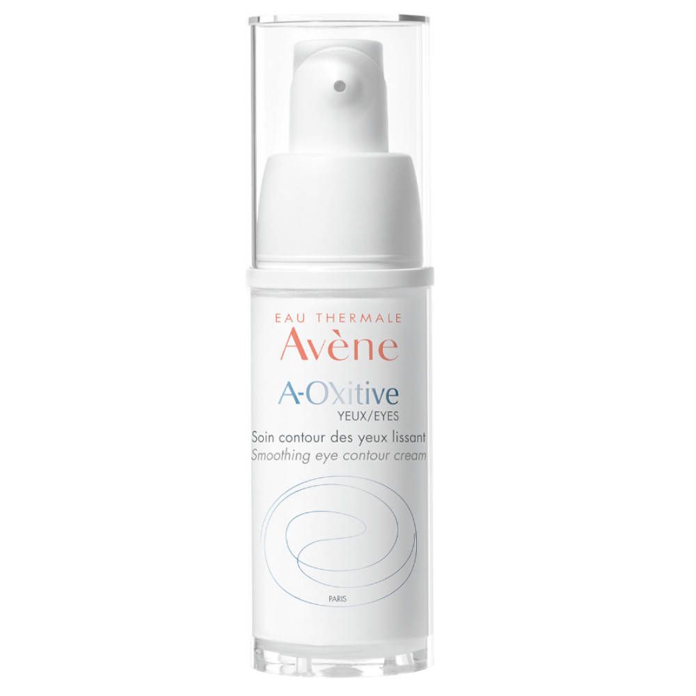 Flacon blanc avec pompe. Inscription : Avène A-Oxitive, soin contour des yeux. Bouchon transparent.
