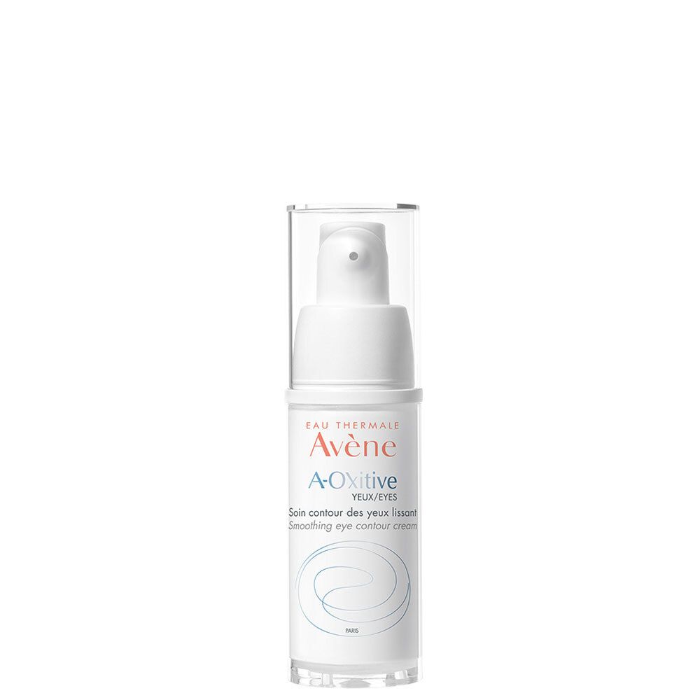 Flacon blanc avec pompe. Inscription : Avène A-Oxitive, soin contour des yeux. Bouchon transparent.