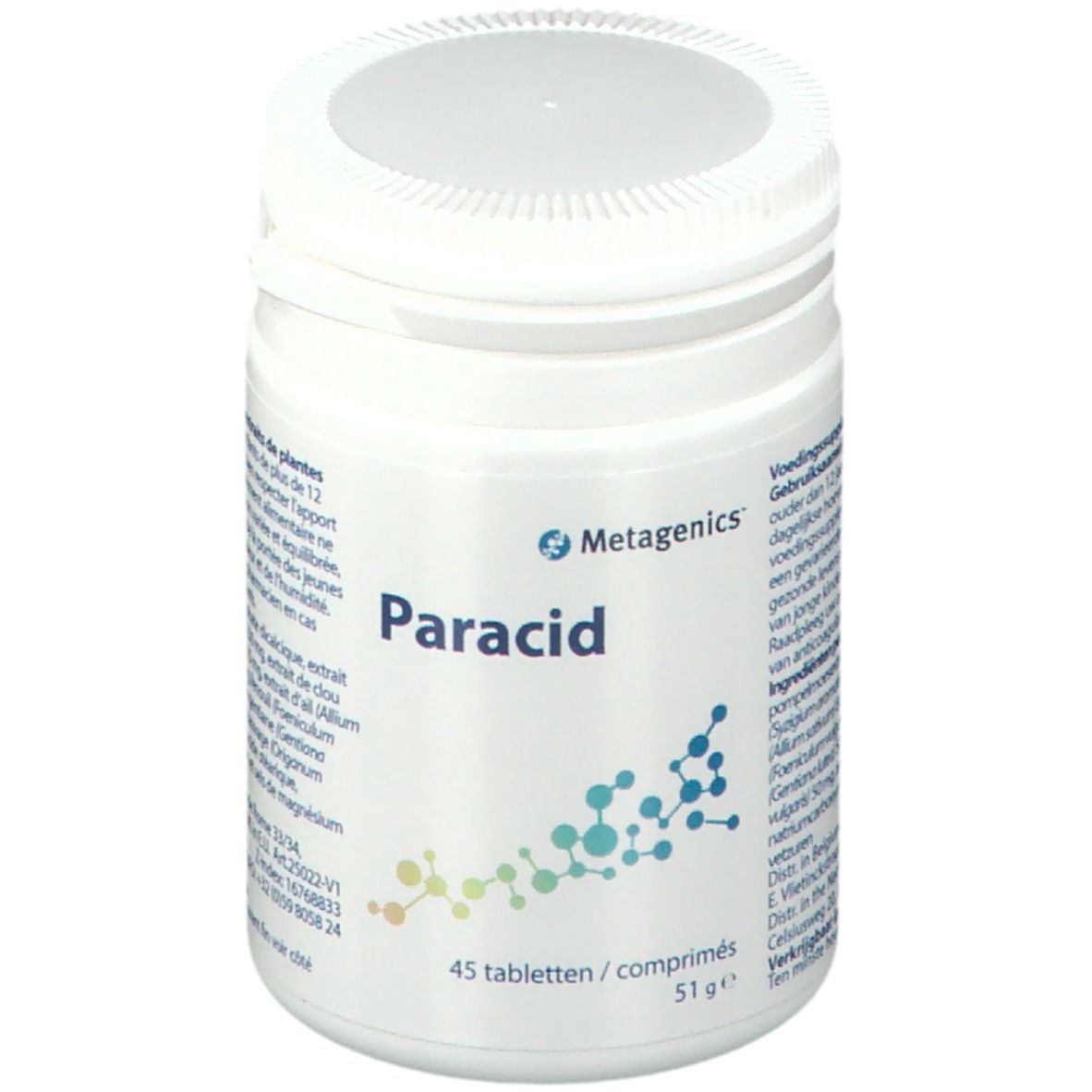 Boîte blanche avec "Paracid". Contient 45 comprimés. Marque : Metagenics. Inscriptions en allemand, français et néerlandais.