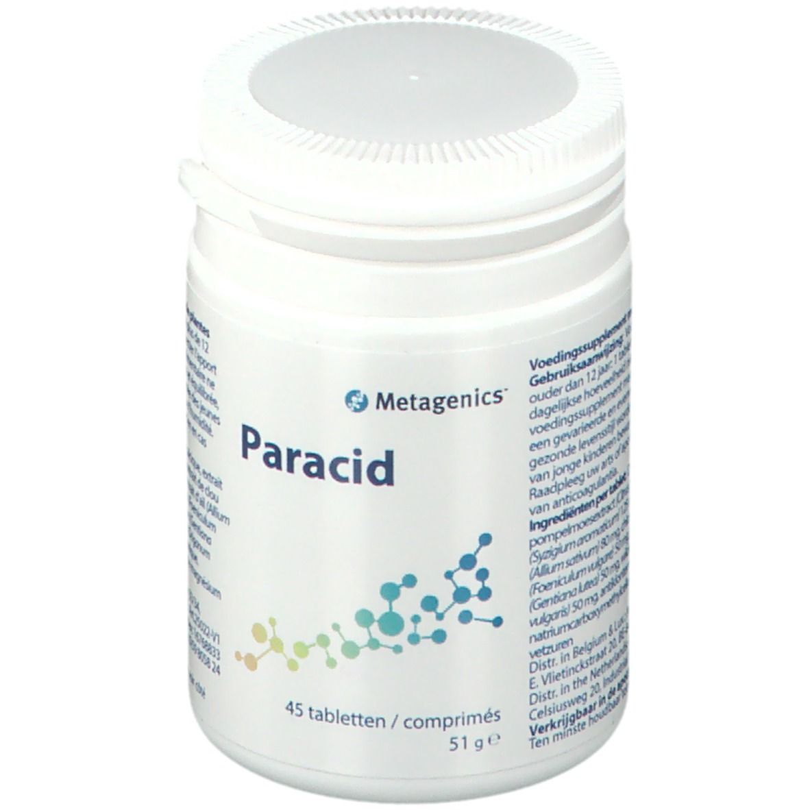Boîte blanche avec "Paracid". Contient 45 comprimés. Marque : Metagenics. Inscriptions en allemand, français et néerlandais.