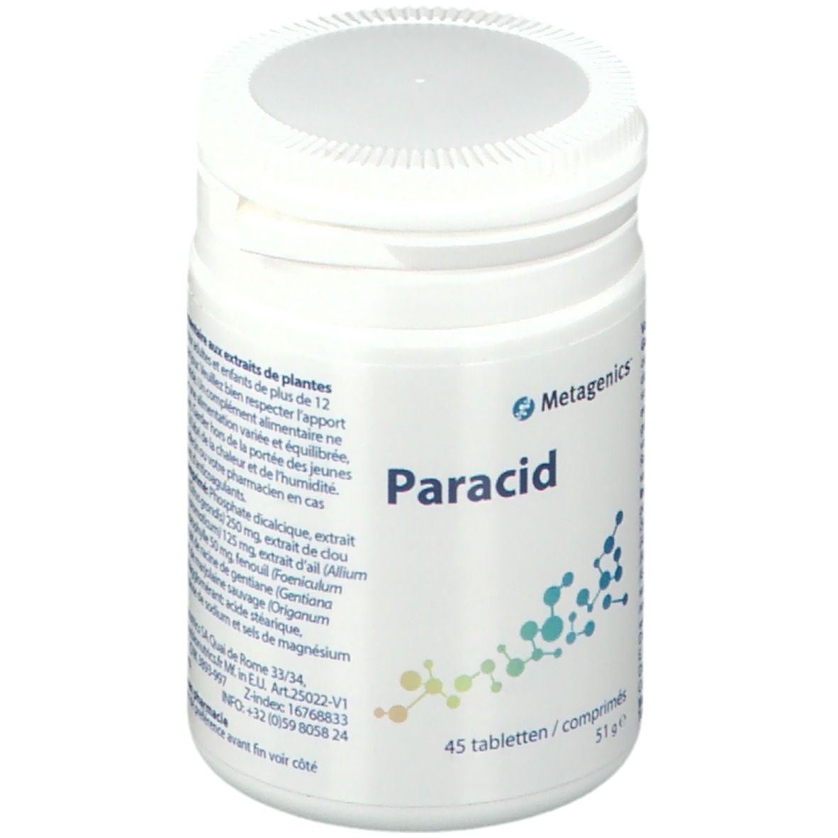 Boîte blanche avec "Paracid". Contient 45 comprimés. Marque : Metagenics. Inscriptions en allemand, français et néerlandais.